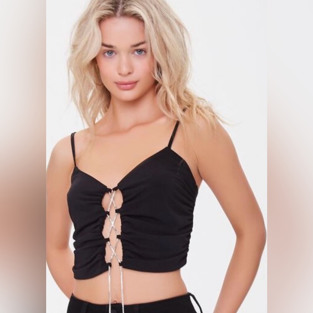 Black Forever 21 Cropped Lace Up Tank Top
